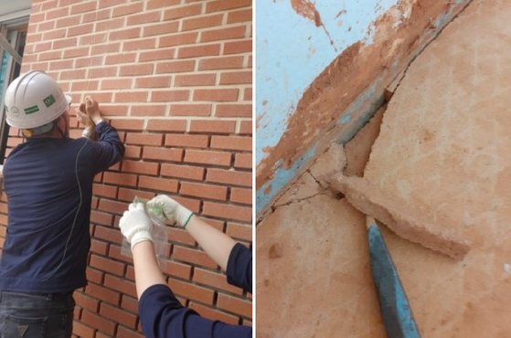 광주 한 초등학교 공사에 사용된 줄눈시멘트(왼쪽), 전남 화순 한 주택 황토바닥에서 시료 채취 [출처-환경보건시민센터]